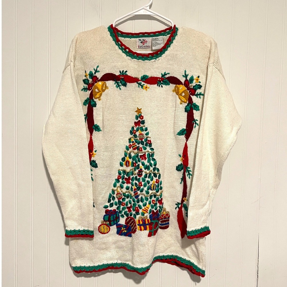 Vintage Nutcracker Christmas Tree Sweater Women Small Cream Embellished